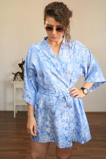 Lapiz Unisex Açık Mavi Renk, Kendinden Desenli, Kısa Kimono