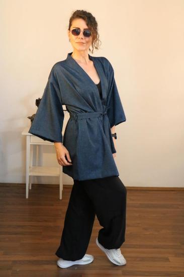 Lapiz Unisex Kısa Kimono, Keten-Kot Karışımı Kumaş, Lacivert Renk