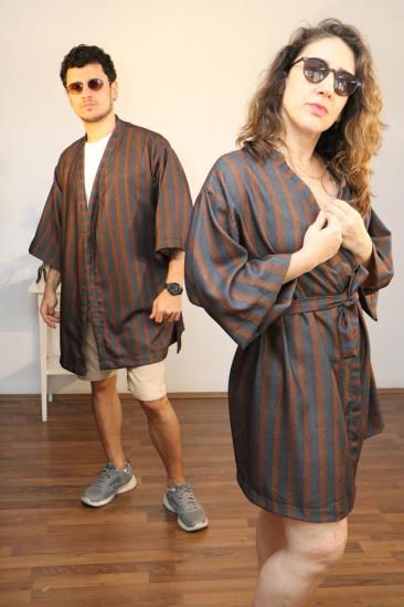 Lapiz Unisex Kısa Kimono, Kahverengi Çizgili